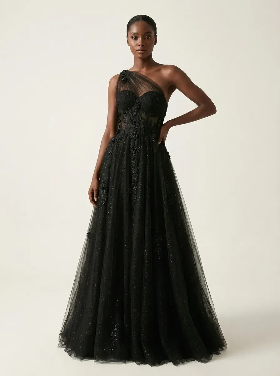 Black One-Shoulder A-Line Prom Dress | Formal Gown with Lace Appliques