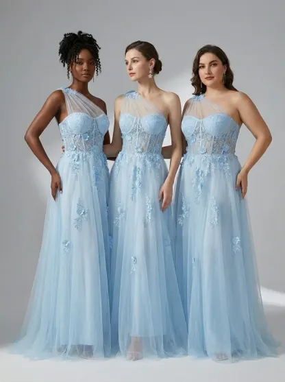 Black One-Shoulder A-Line Prom Dress | Formal Gown with Lace Appliques