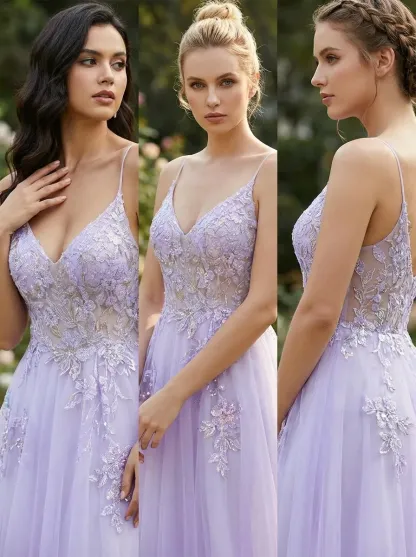 Purple A-Line Prom Dress | Embroidered Tulle Gown with Sequin Detail