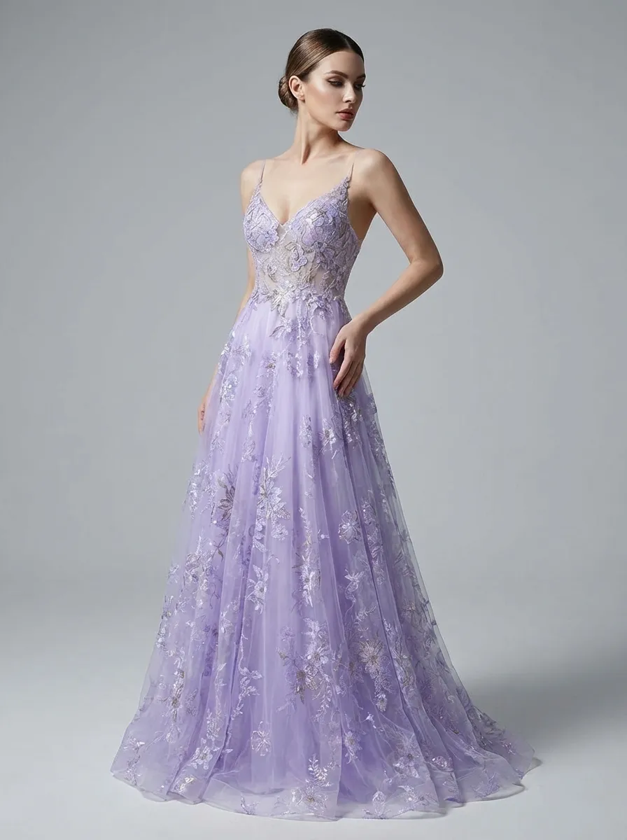 Purple A-Line Prom Dress | Embroidered Tulle Gown with Sequin Detail