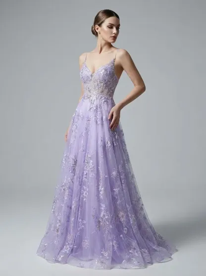 Purple A-Line Prom Dress | Embroidered Tulle Gown with Sequin Detail
