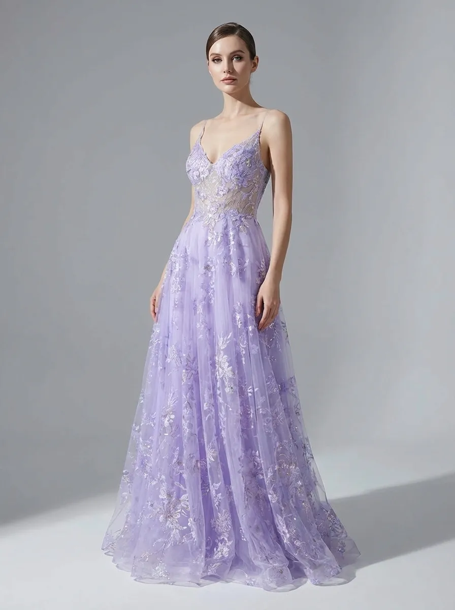 Purple A-Line Prom Dress | Embroidered Tulle Gown with Sequin Detail