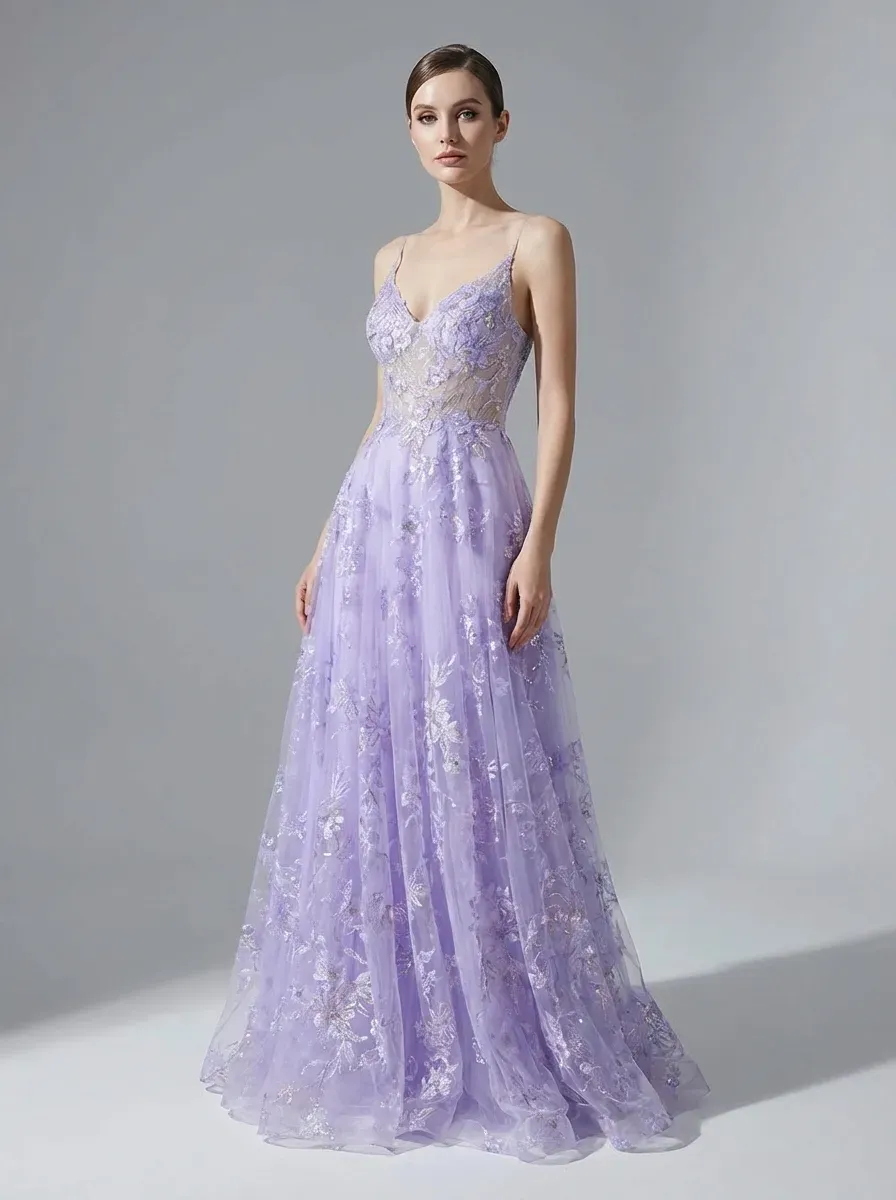 Purple A-Line Prom Dress | Embroidered Tulle Gown with Sequin Detail