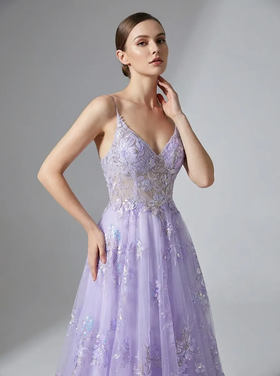 Purple A-Line Prom Dress | Embroidered Tulle Gown with Sequin Detail