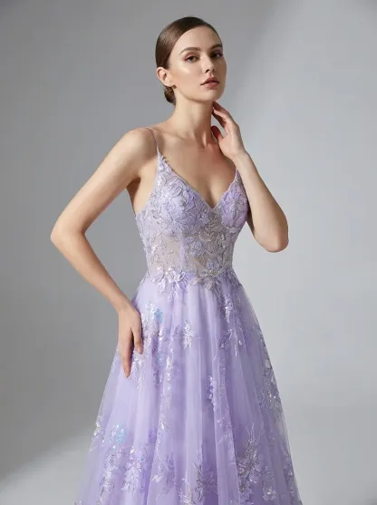 Purple A-Line Prom Dress | Embroidered Tulle Gown with Sequin Detail