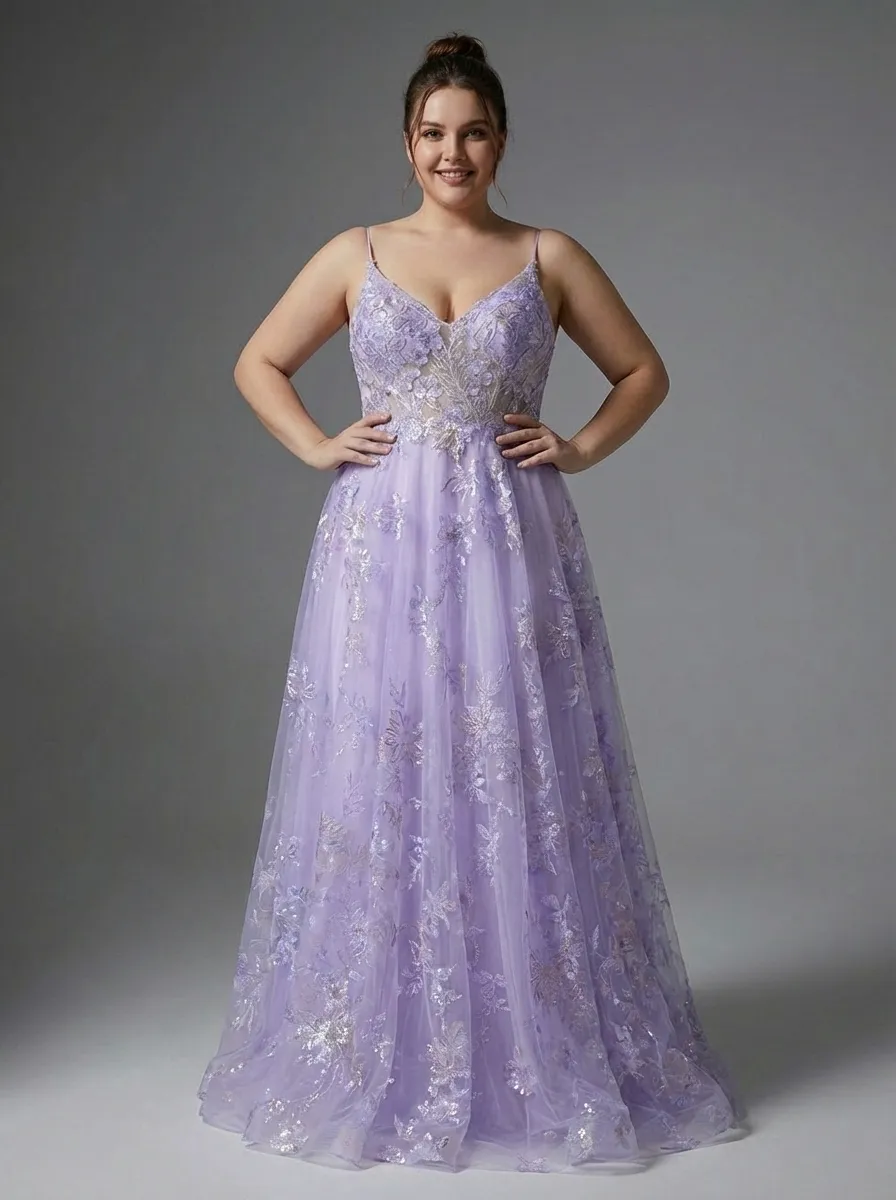 Purple A-Line Prom Dress | Embroidered Tulle Gown with Sequin Detail