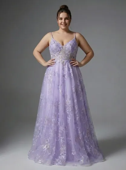 Purple A-Line Prom Dress | Embroidered Tulle Gown with Sequin Detail