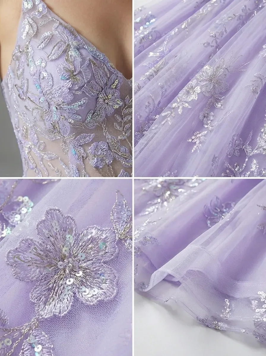 Purple A-Line Prom Dress | Embroidered Tulle Gown with Sequin Detail
