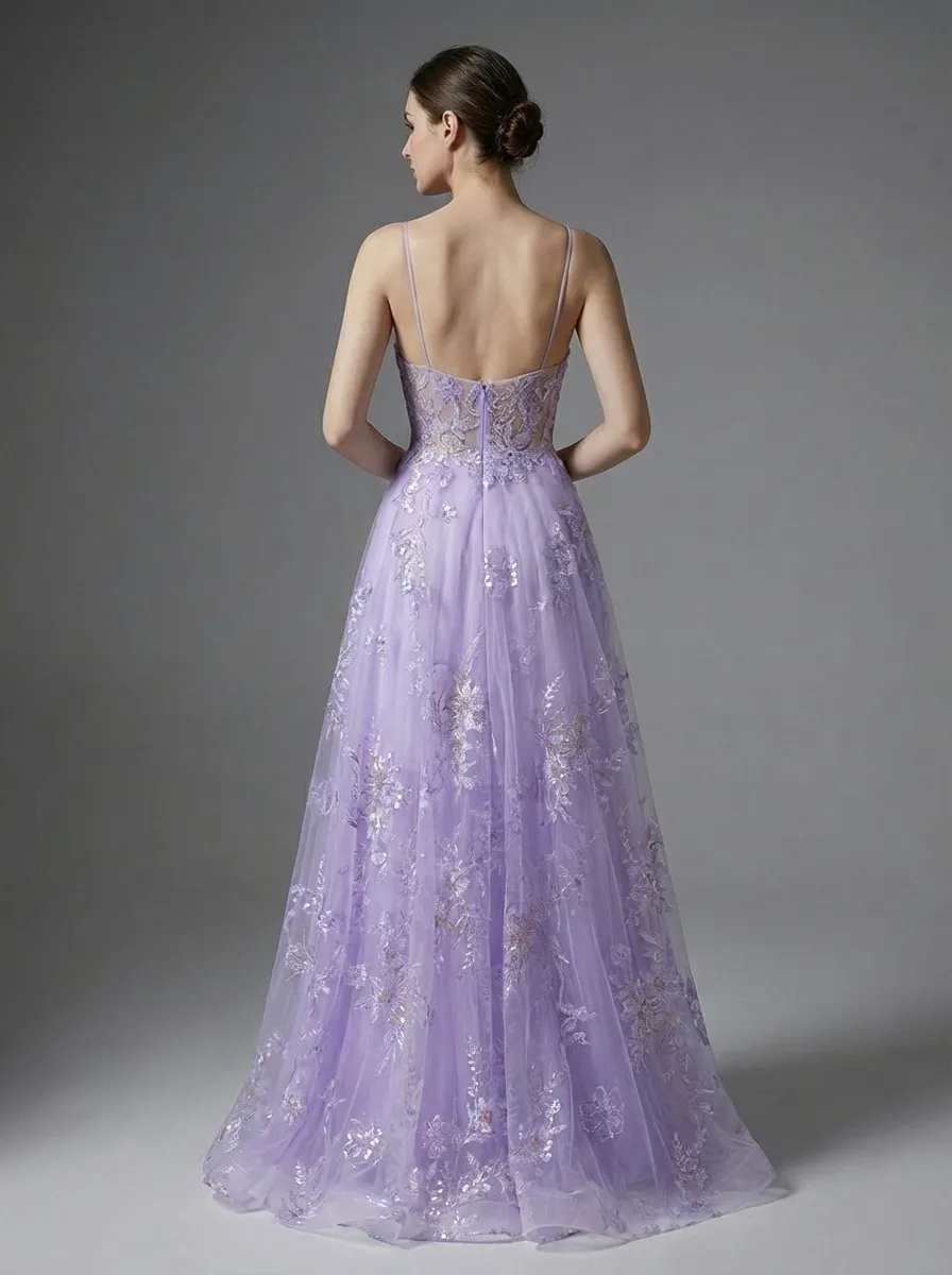 Purple A-Line Prom Dress | Embroidered Tulle Gown with Sequin Detail