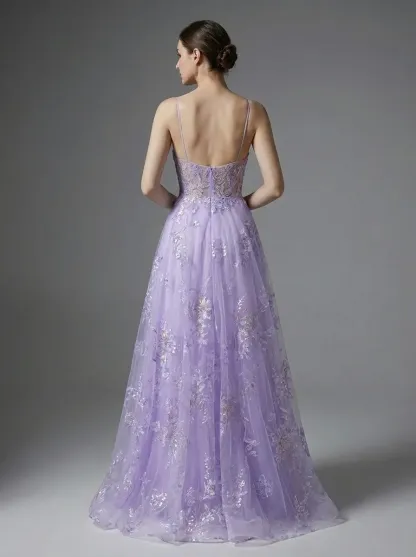 Purple A-Line Prom Dress | Embroidered Tulle Gown with Sequin Detail