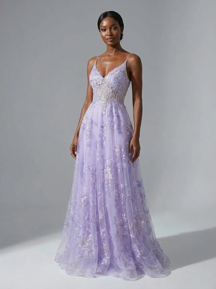 Purple A-Line Prom Dress | Embroidered Tulle Gown with Sequin Detail