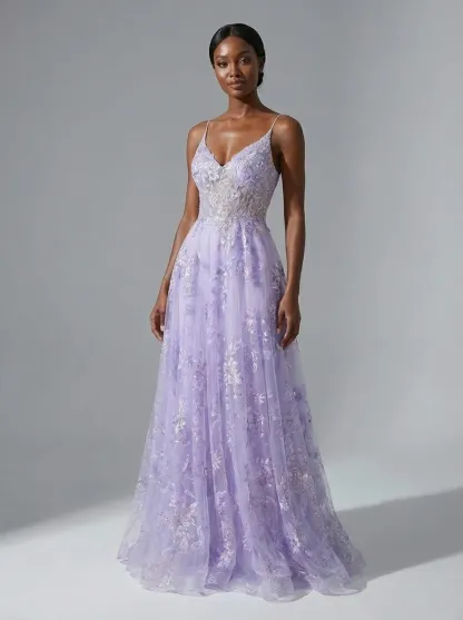 Purple A-Line Prom Dress | Embroidered Tulle Gown with Sequin Detail