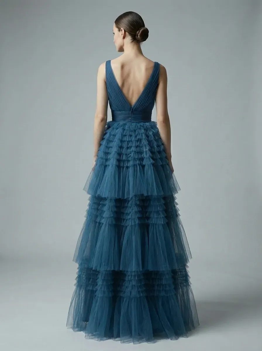 Blue A-Line V-Neck Prom Dress | Open Back Long Formal Gown