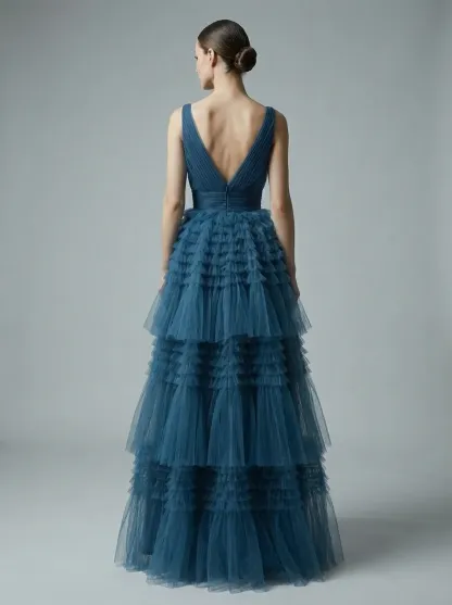 Blue A-Line V-Neck Prom Dress | Open Back Long Formal Gown