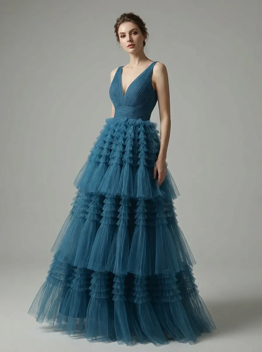 Blue A-Line V-Neck Prom Dress | Open Back Long Formal Gown
