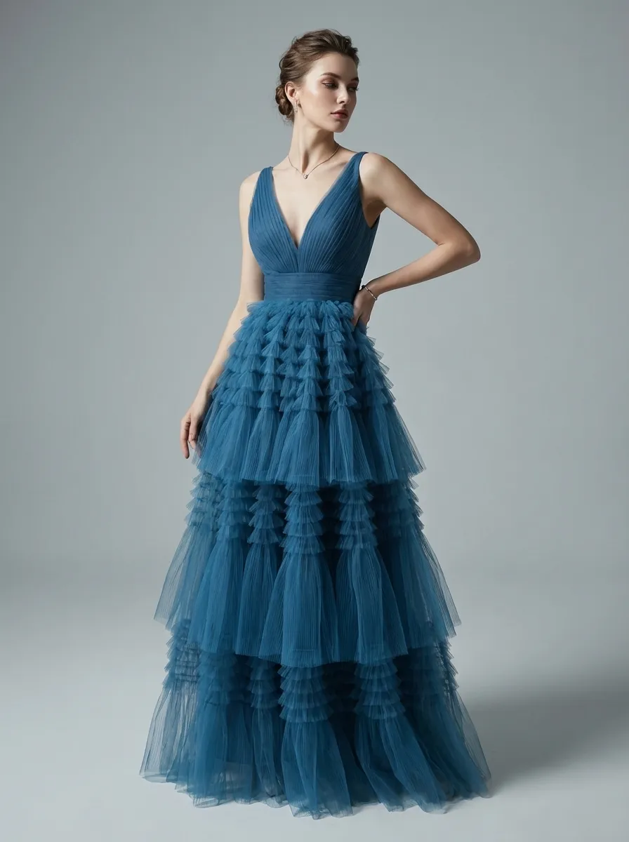 Blue A-Line V-Neck Prom Dress | Open Back Long Formal Gown