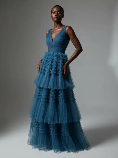Blue A-Line V-Neck Prom Dress | Open Back Long Formal Gown