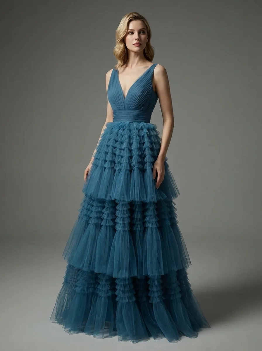 Blue A-Line V-Neck Prom Dress | Open Back Long Formal Gown