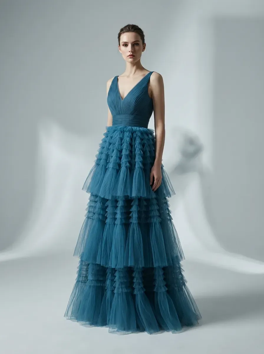 Blue A-Line V-Neck Prom Dress | Open Back Long Formal Gown