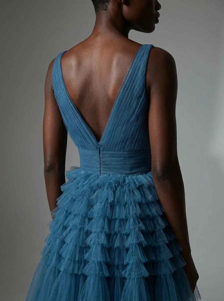Blue A-Line V-Neck Prom Dress | Open Back Long Formal Gown
