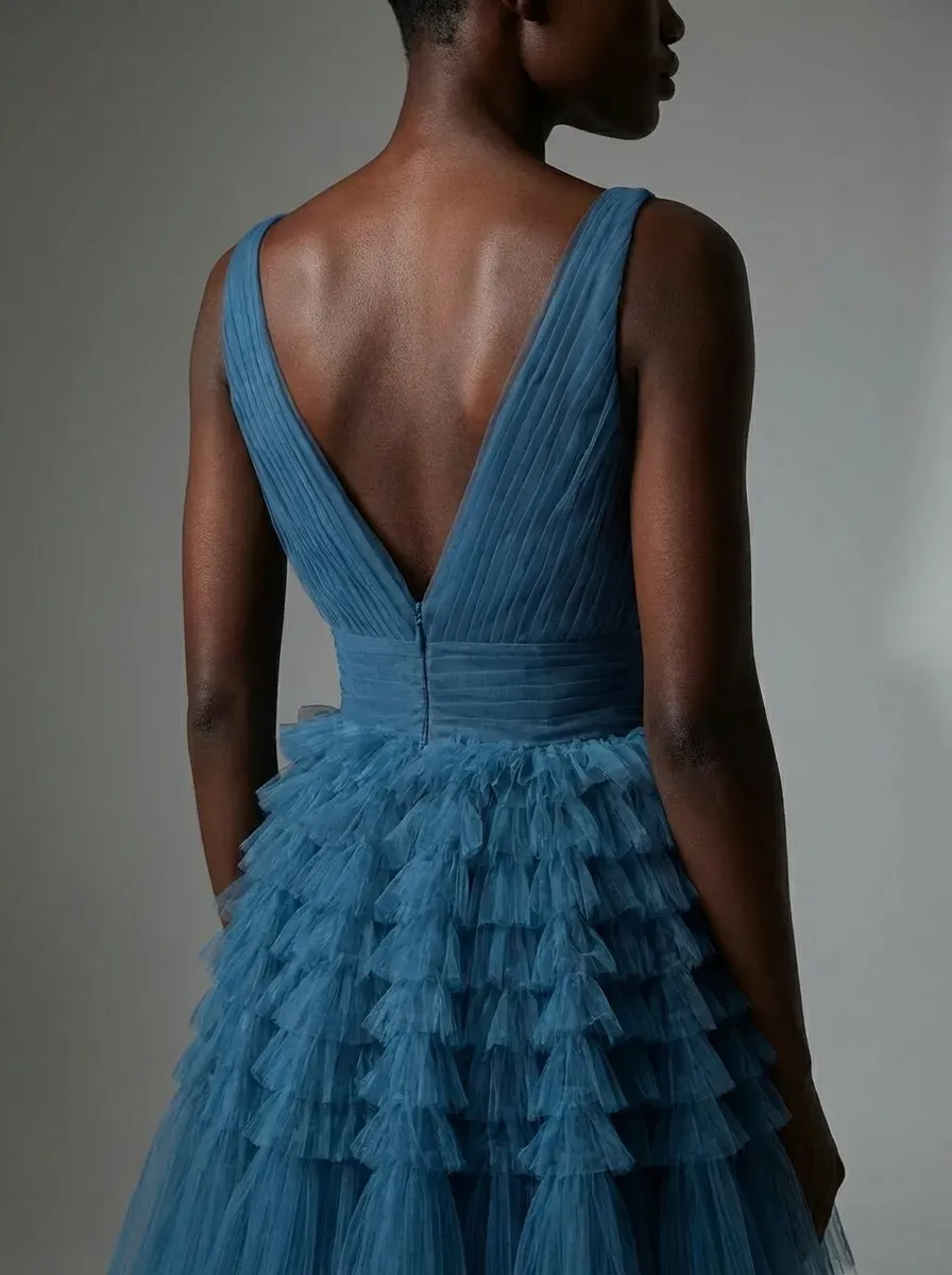 Blue A-Line V-Neck Prom Dress | Open Back Long Formal Gown