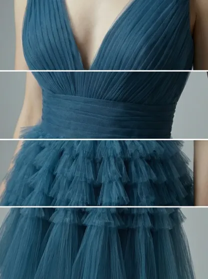 Blue A-Line V-Neck Prom Dress | Open Back Long Formal Gown