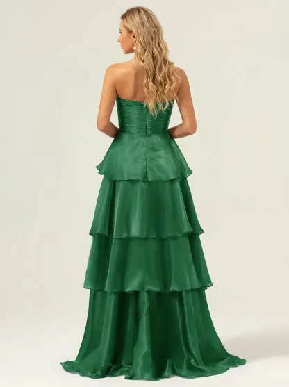 Dark Navy Satin A-Line Prom Dress | Strapless Tiered Long Gown