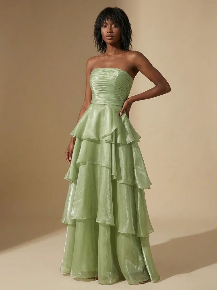 Dark Navy Satin A-Line Prom Dress | Strapless Tiered Long Gown