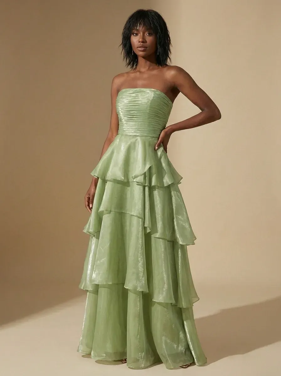 Dark Navy Satin A-Line Prom Dress | Strapless Tiered Long Gown