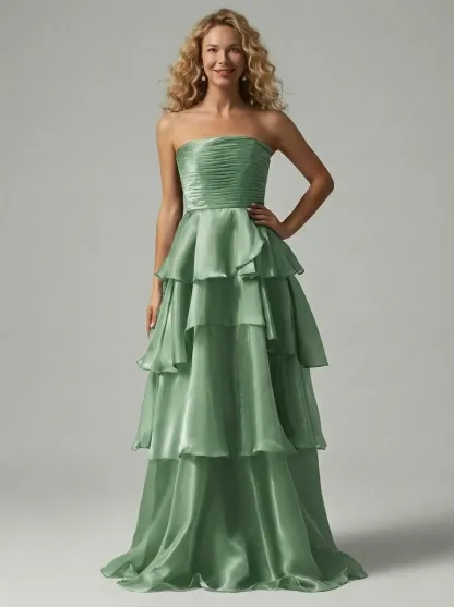 Dark Navy Satin A-Line Prom Dress | Strapless Tiered Long Gown