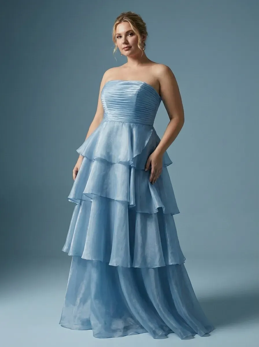 Dark Navy Satin A-Line Prom Dress | Strapless Tiered Long Gown