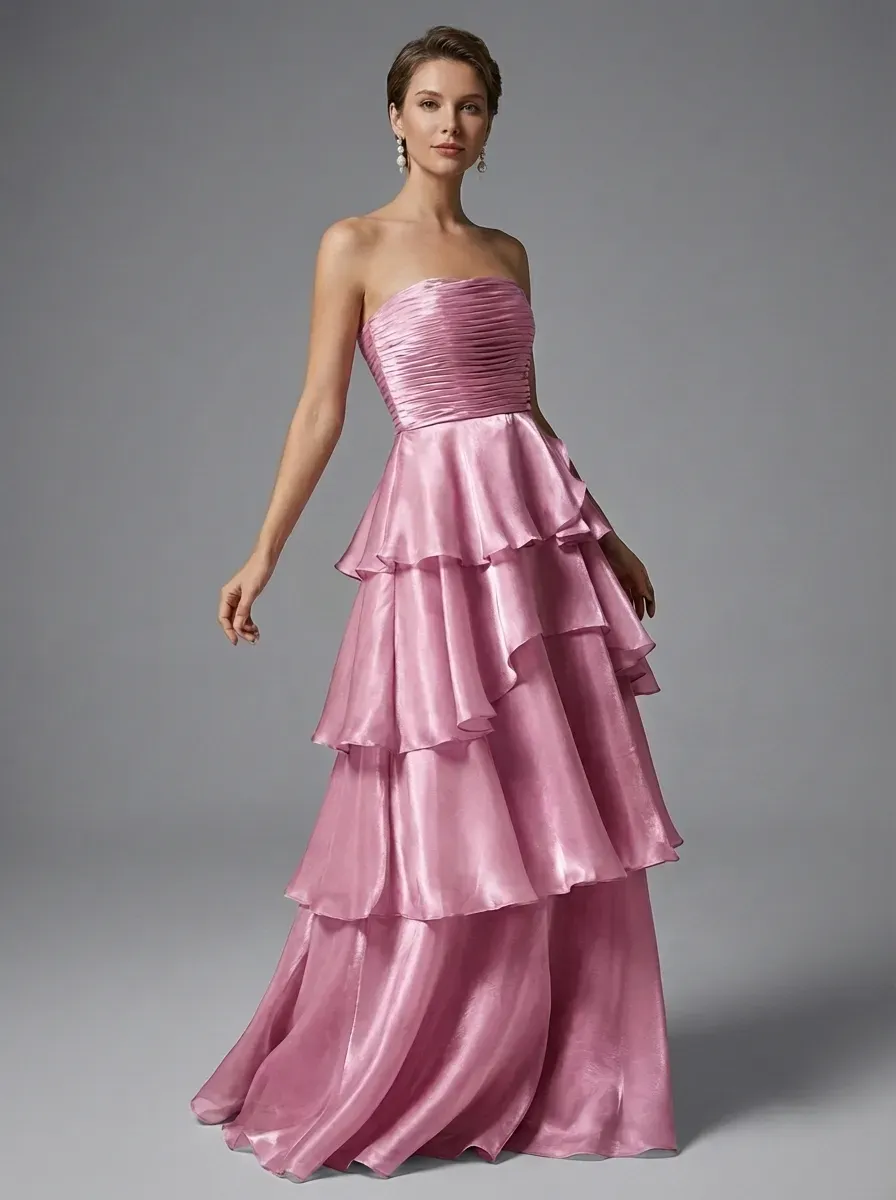Dark Navy Satin A-Line Prom Dress | Strapless Tiered Long Gown
