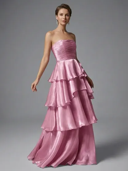 Dark Navy Satin A-Line Prom Dress | Strapless Tiered Long Gown