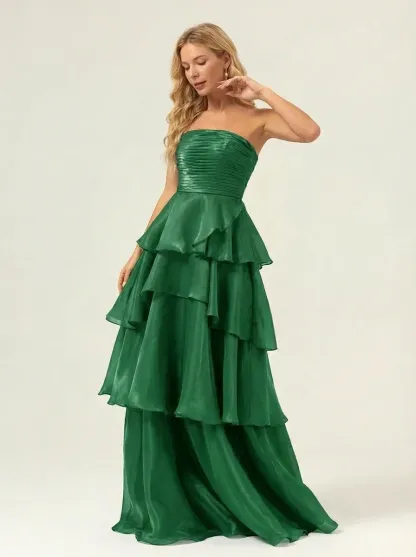 Dark Navy Satin A-Line Prom Dress | Strapless Tiered Long Gown