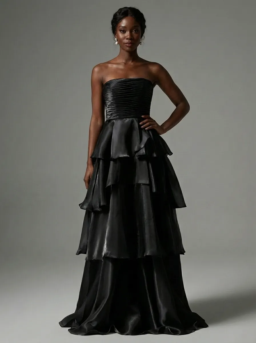 Dark Navy Satin A-Line Prom Dress | Strapless Tiered Long Gown