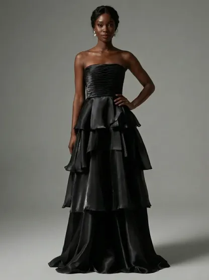 Dark Navy Satin A-Line Prom Dress | Strapless Tiered Long Gown