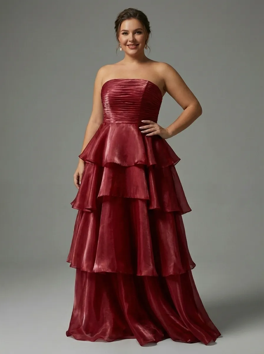Dark Navy Satin A-Line Prom Dress | Strapless Tiered Long Gown