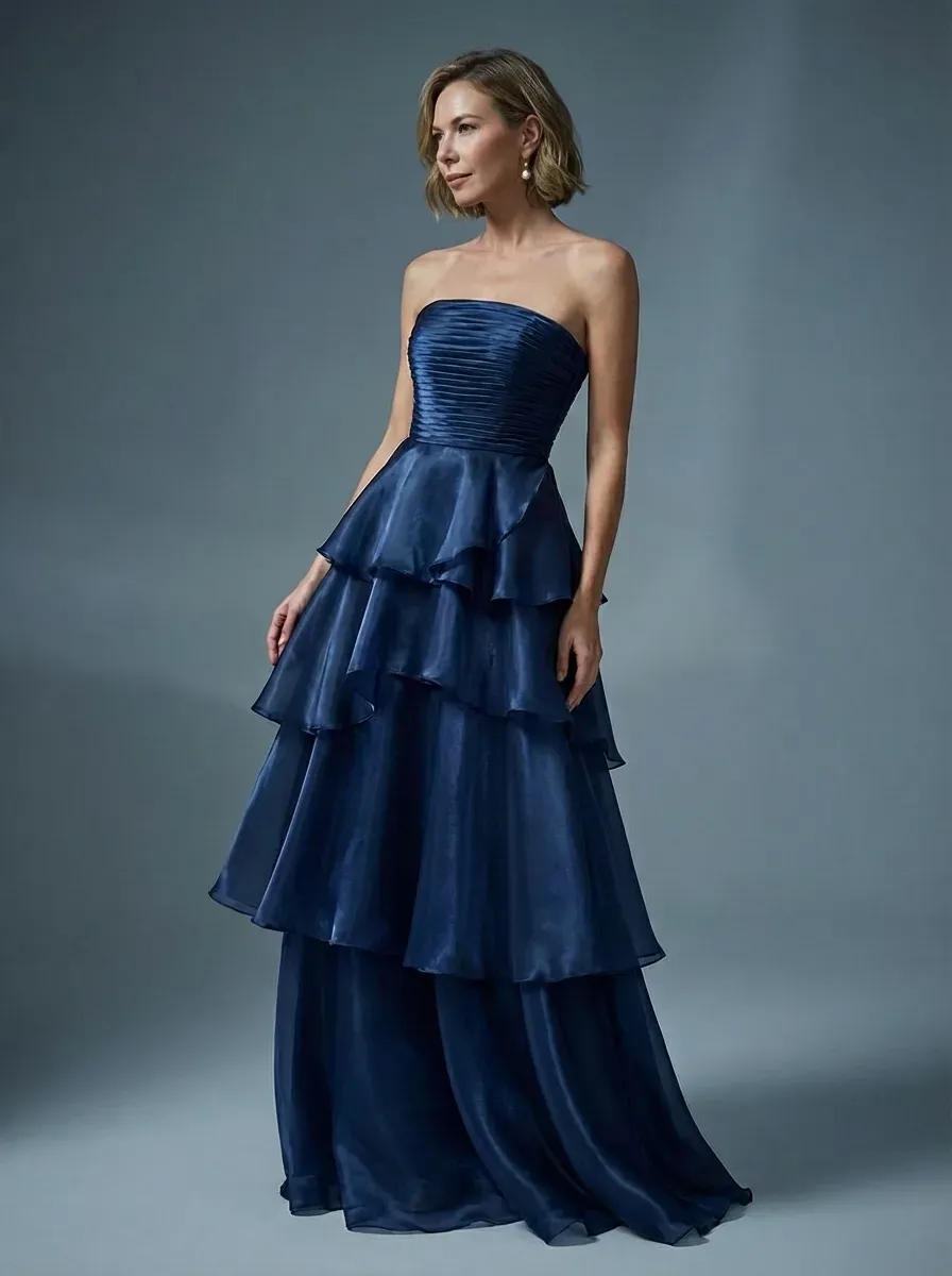 Dark Navy Satin A-Line Prom Dress | Strapless Tiered Long Gown