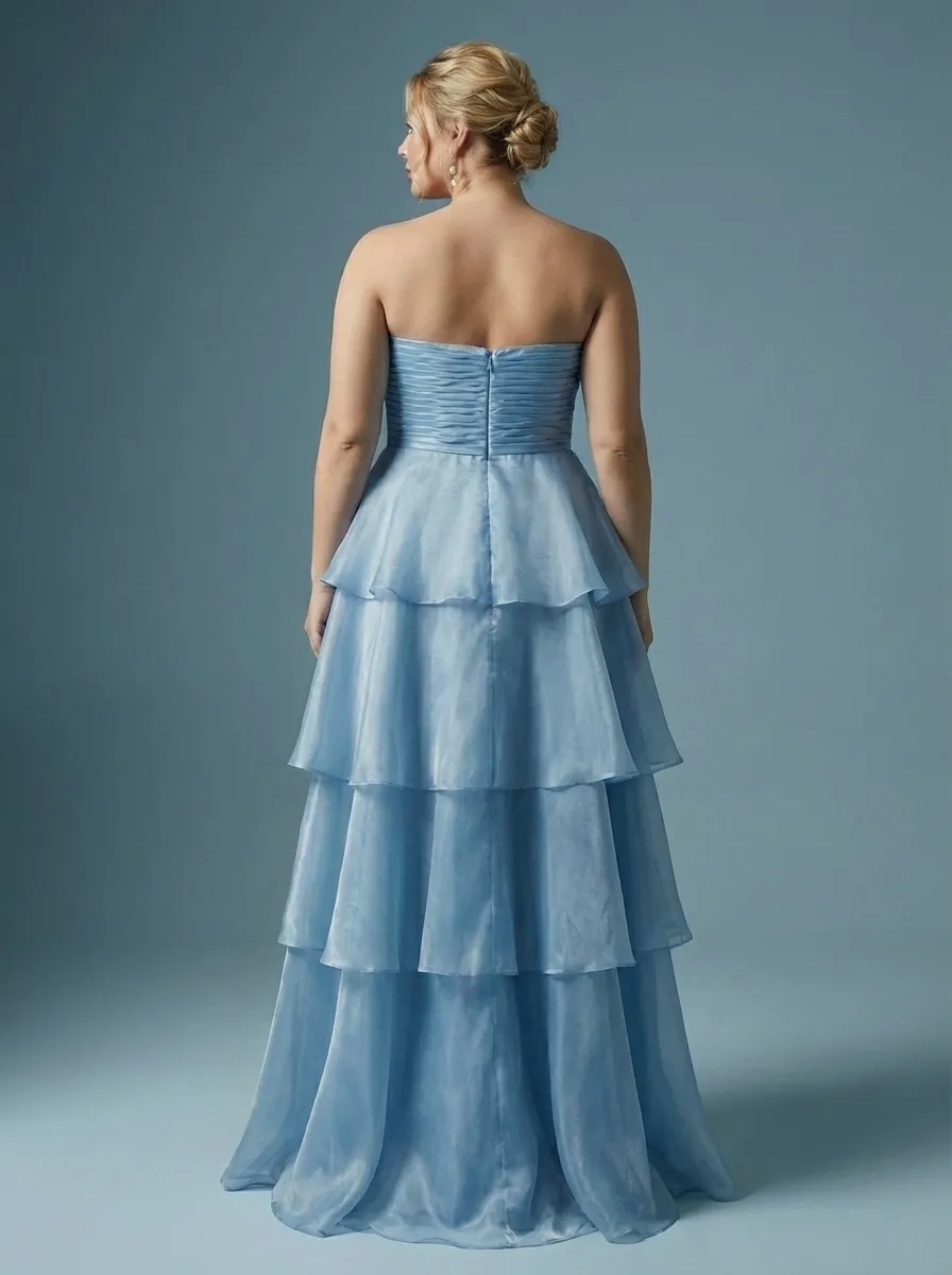 Dark Navy Satin A-Line Prom Dress | Strapless Tiered Long Gown