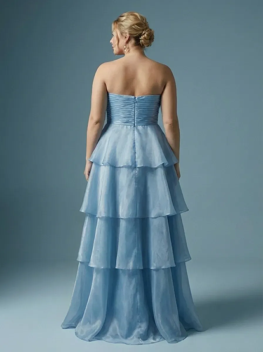 Dark Navy Satin A-Line Prom Dress | Strapless Tiered Long Gown