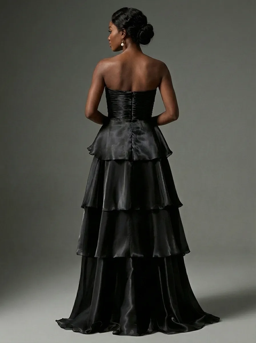 Dark Navy Satin A-Line Prom Dress | Strapless Tiered Long Gown
