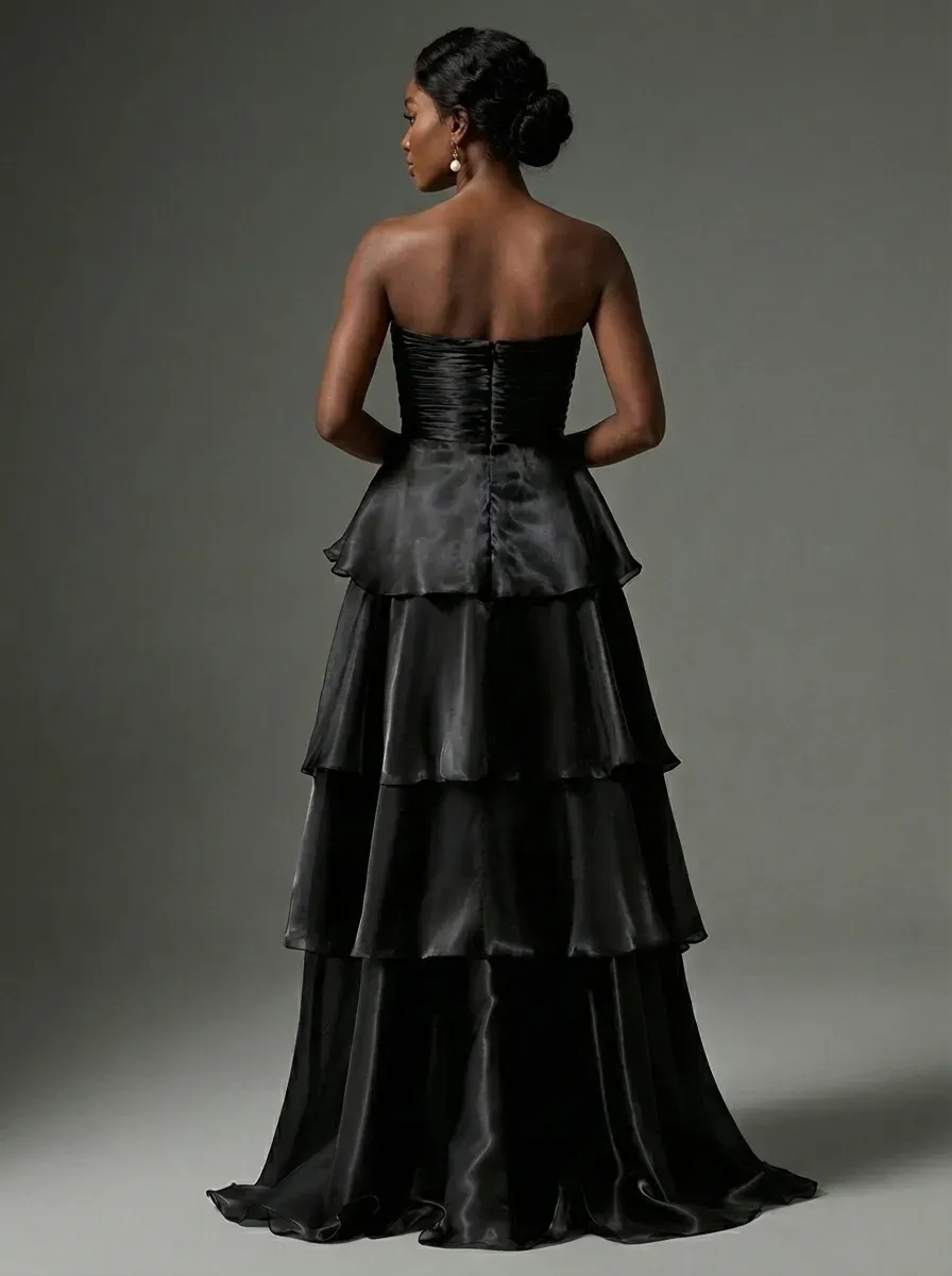 Dark Navy Satin A-Line Prom Dress | Strapless Tiered Long Gown