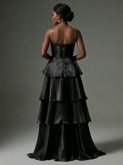 Dark Navy Satin A-Line Prom Dress | Strapless Tiered Long Gown