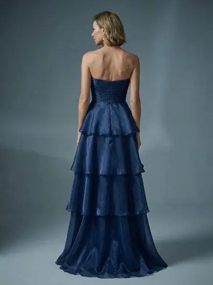 Dark Navy Satin A-Line Prom Dress | Strapless Tiered Long Gown