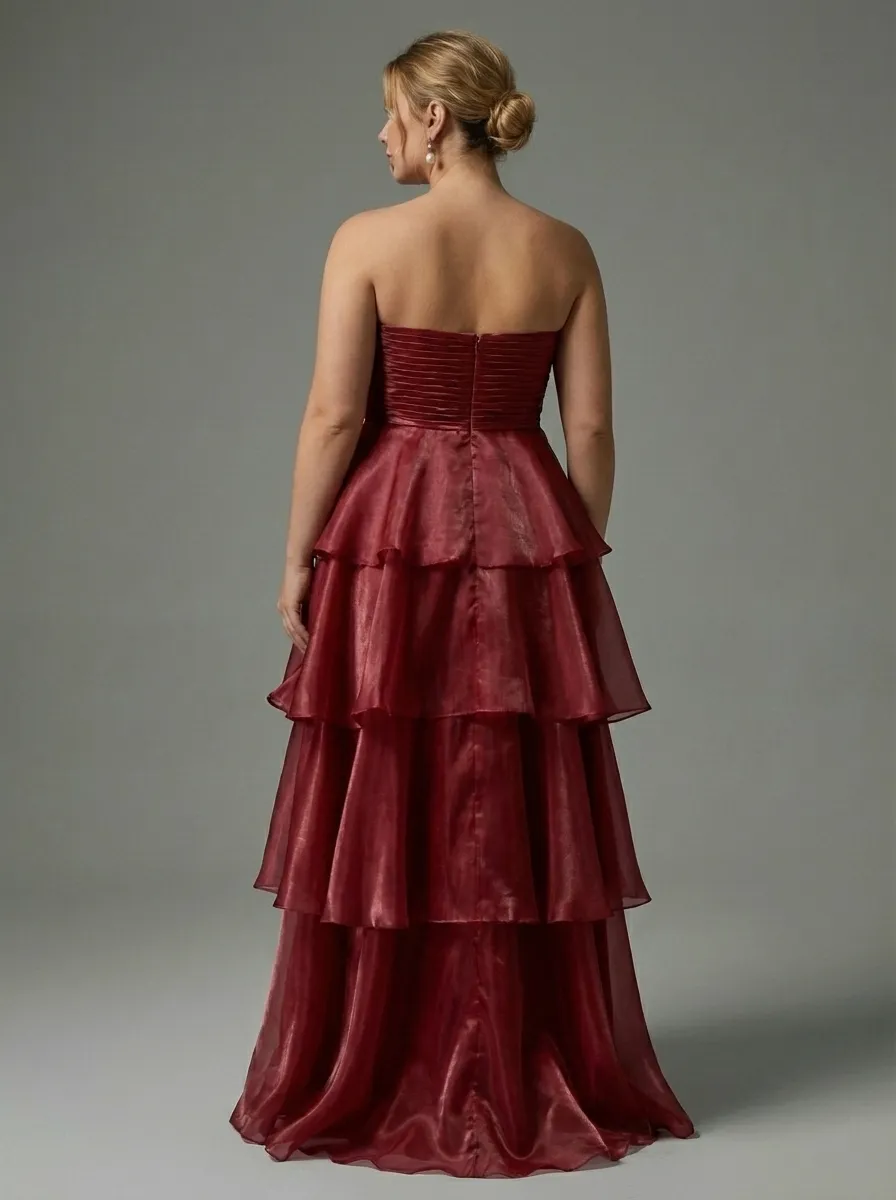 Dark Navy Satin A-Line Prom Dress | Strapless Tiered Long Gown