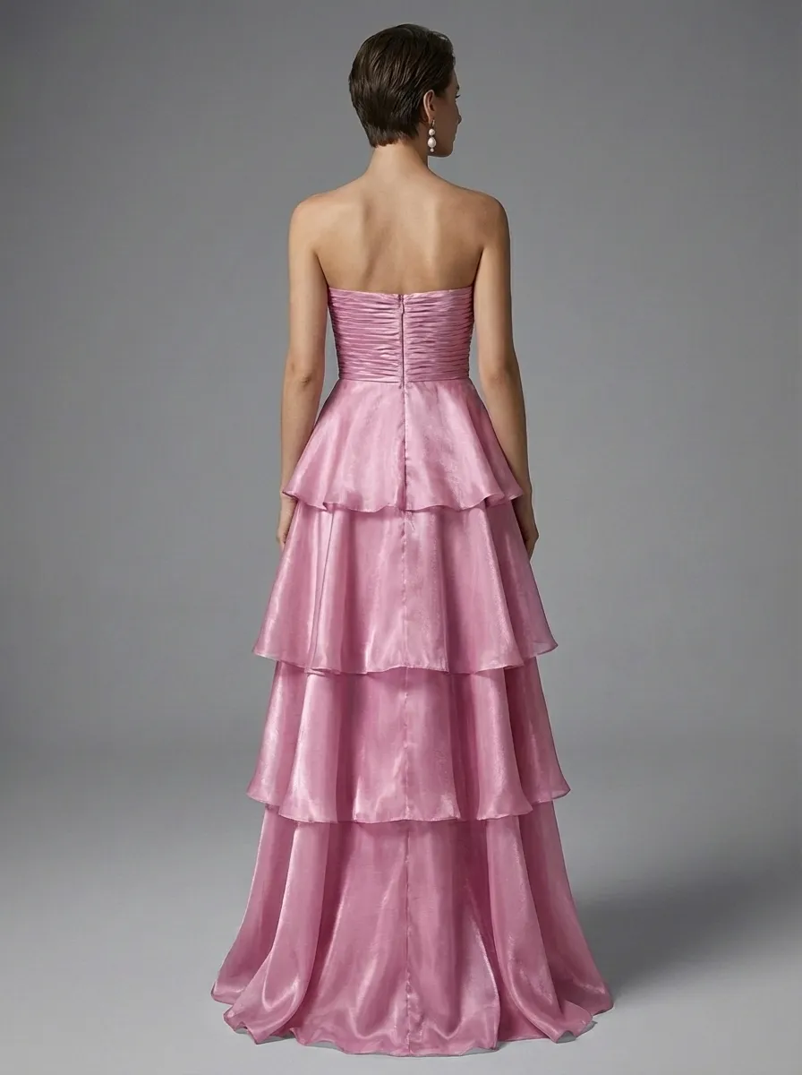 Dark Navy Satin A-Line Prom Dress | Strapless Tiered Long Gown