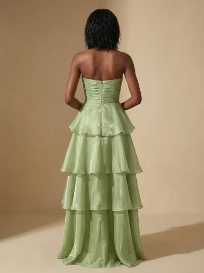 Dark Navy Satin A-Line Prom Dress | Strapless Tiered Long Gown