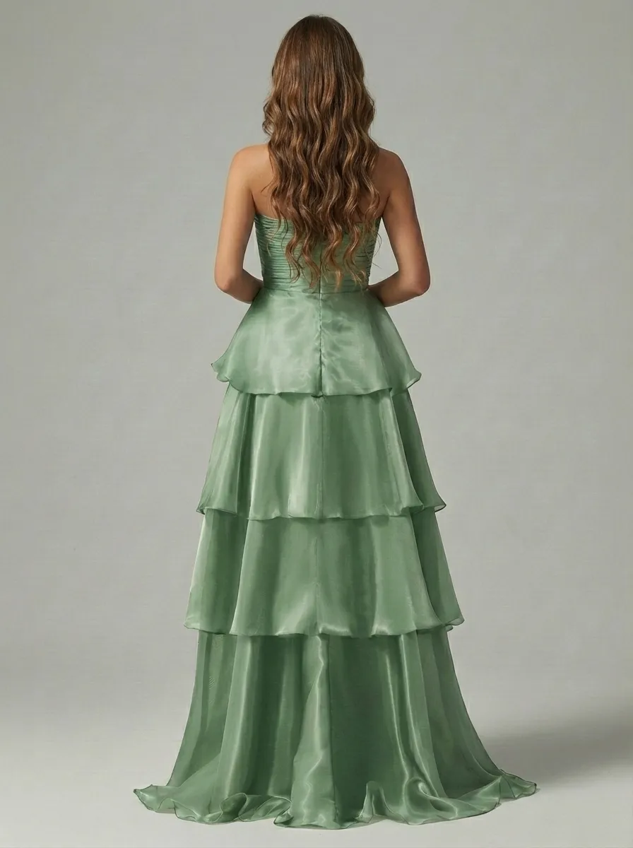 Dark Navy Satin A-Line Prom Dress | Strapless Tiered Long Gown