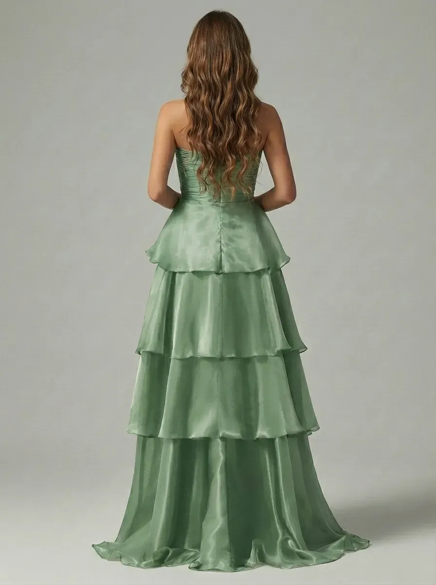 Dark Navy Satin A-Line Prom Dress | Strapless Tiered Long Gown