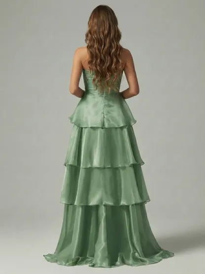 Dark Navy Satin A-Line Prom Dress | Strapless Tiered Long Gown